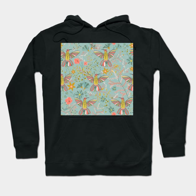 Garden of hummingbirds teal Hoodie by cesartorresart